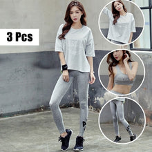 Load image into Gallery viewer, 3 pice Set Women's Yoga Suit Fitness Clothing Sportswear Grey Shirt Bra Pant Workout Sports Clothes Athletic Running Yoga Sets