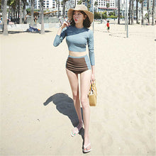 Load image into Gallery viewer, Long Sleeves Rash Guard 2019 High Waist Swimwear High Neck Rashguards Crop Top Two Pieces Surf Clothes Patchwork Tankini Korean