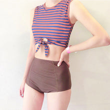 Load image into Gallery viewer, New Sexy Two Pieces Women Swimsuit Swimwear striped bow-tie Top&amp;High Waist pants Bottom beachwear bathing suit
