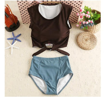 Load image into Gallery viewer, New Sexy Two Pieces Women Swimsuit Swimwear striped bow-tie Top&amp;High Waist pants Bottom beachwear bathing suit