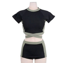 Load image into Gallery viewer, Women's Two Pieces Swimsuit Black High Neck Tie Knot Back Padded Wireless Top with Black High Waist Bottom Bathing Suit
