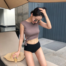 Load image into Gallery viewer, Women's Two Pieces Swimsuit Grey High Neck Sleeveless Wireless Padded Top with Black High Waist Bottom Tankini Set