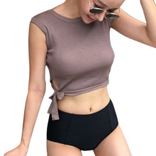 Load image into Gallery viewer, Women's Two Pieces Swimsuit Grey High Neck Sleeveless Wireless Padded Top with Black High Waist Bottom Tankini Set
