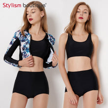 Load image into Gallery viewer, 3 Pieces Swimsuit Printed Swimsuit Black Bathing Suit Rash Guard Women Swimwear Surfing Swimming Suit 2 Pieces Rashguard 2018