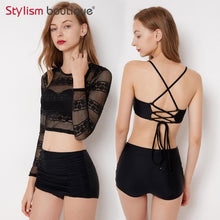 Load image into Gallery viewer, 3 Pieces Swimsuit Printed Swimsuit Black Bathing Suit Rash Guard Women Swimwear Surfing Swimming Suit 2 Pieces Rashguard 2018