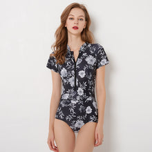 Load image into Gallery viewer, Plus Size Rashguard Women Zipper Swimwear Floral Print Surf Wear Short Sleeve Swimsuit High Neck Diving Shirt S-2XL Surf Clothes