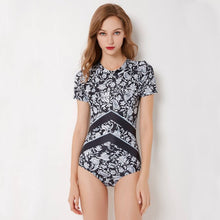 Load image into Gallery viewer, Plus Size Rashguard Women Zipper Swimwear Floral Print Surf Wear Short Sleeve Swimsuit High Neck Diving Shirt S-2XL Surf Clothes